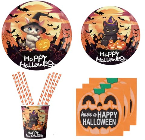 ASSUGO Halloween Geschirr cat 50-teiliges Set, Halloween Partygeschirr Set aus Pappteller Becher Strohhalme, Halloween Tischdeko für Kinder, Grusel Party, Garten (10 psc)