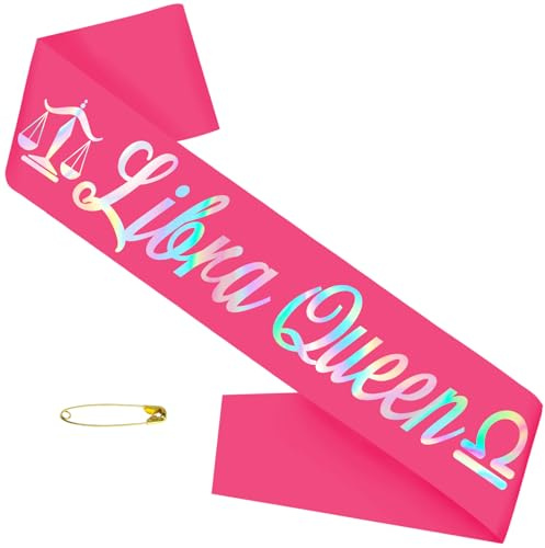 SKJIAYEE Libra Queen Sash for September October Birthday Party, Hot Pink Zodiac Libra Birthday Sash for Horoscope, Astrology Bday Party Decorations, Ideas, Jokes and Favors ( Iridescent Foil)
