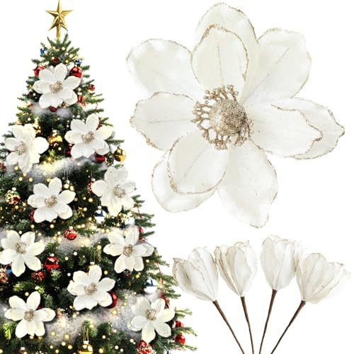 Moonlight Miles 4Pcs Poinsettia Flowers Christmas Decor, Christmas Decorations Artificial Flower for Tree, Fake Flower Ornaments for Xmas New Years Wedding Party Decor (White)