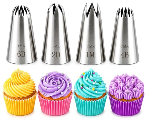 Confezione da 4 beccucci in acciaio inox senza cuciture, 1 m, 2D, 4B, 6B, grandi beccucci per decorare torte, per cupcake