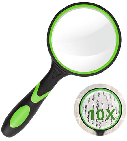 Magnifying Glass, 10X Handheld Reading Magnifier with Non-Slip Soft Rubber Handle Shatterproof Magnifying Mirror for seniors to Read Check Explore (Green, Black)