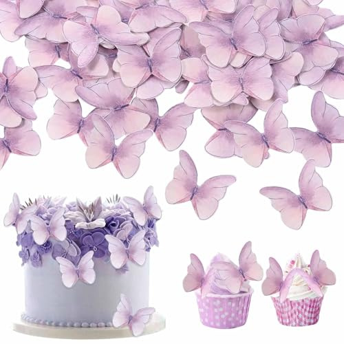 Essbare Schmetterlings-Kuchendekoration, 48 Designs für Hochzeitstorten, essbare Hochzeitscupcake-Dekoration, Tortendekoration für Hochzeiten, Geburtstage und Partys (lila)