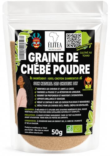 Poudre de Chébé 100% Naturelle du Tchad – Soin Capillaire Afro pour Cheveux Crépus, Bouclés et Frisés – Favorise la Pousse, Fortifie et Hydrate les Cheveux – Poudre Capillaire Naturelle 50g