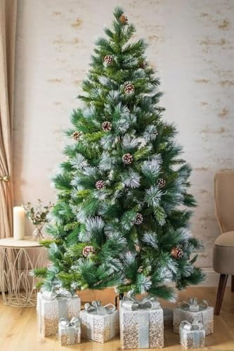 Marco Paul 6ft Frosted Glacier Green Artificial Christmas Tree – 620 Tips, 180cm Snow-Flocked Christmas Tree with Pine Cones - Luxury Realisting Xmas Tree with Metal Stand for Easy Display