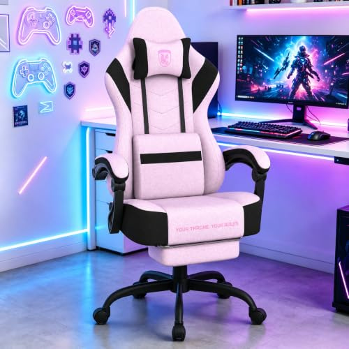 Verdego Gaming Stuhl, Gaming Chair mit Massagefunktion Kopfstütze und Fußstütze, Polyester Atmungsaktiv, Gamingstuhl Verstellbare Rückenlehne 90-135°, Höhenverstellbar 10cm, Gamer Stuhl, Rosa