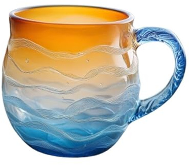 Hemoravoma Sea Glass Wave Coffee Mug 12oz, Artistic Frosted Ocean Wave Glass Cup with Handle for Coffee, Tea, Cocktails & Wine, Elegant Beach Theme Gift for Ocean Lovers & Home Decor