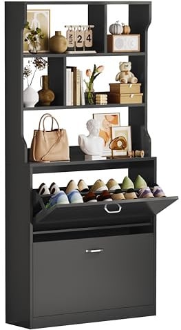IRONCK Shoe Cabinet with 2 Flip Drawers, Slim Shoe Storage Cabinet, Freestanding Shoe Rack Cabinet with 3-Tier Open Shelves, Wooden Shoe Cupboard for Hallway, Entryway, Living Room, 80x24x165CM, Black