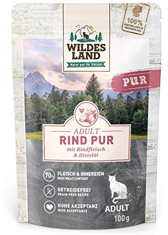 Wildes Land - Nassfutter für Katzen - Nr. 6 Rind PUR - 12 x 100 g - Getreidefrei - Extra viel Fleisch - Beste Akzeptanz und Verträglichkeit