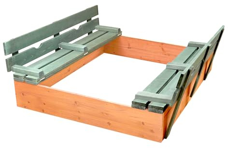 Badger Basket Sandkasten aus Holz mit Abdeckung & Klappbänken – Outdoor-Sandkasten für Kinder & Kleinkinder, großes Hinterhof-Sandkasten-Spielset mit umwandelbarem Deckel, (46,5 x 46,5 x 9,5 Zoll