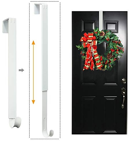 LBSUN Kranzaufhänger, verstellbar über der Tür, Kranzaufhänger von 37 bis 63 cm, Kranzhalter und Kranz-Türhänger für Haustürdekoration, 9 kg größerer Weihnachtsdekorationshaken (weiß)