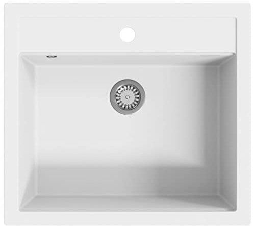 vidaXL Fregadero de Cocina de Granito con un Seno Lavabo Cocina Fontanería Piezas de Fontanería y Bricolaje Resistente Pileta Escurreplatos Blanco