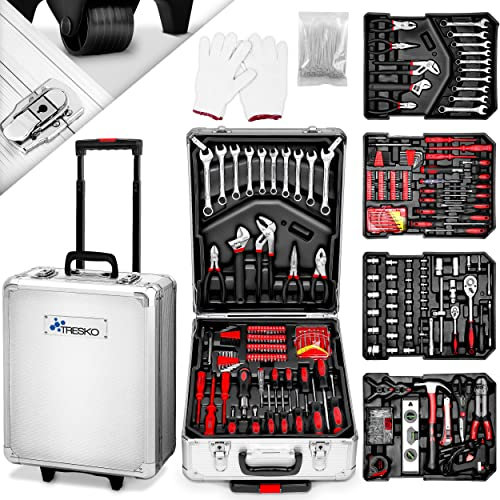 TRESKO Boite à Outils 949 pièces en Chrome Vanadium | avec mallette en aluminium et poignée télescopique (Argent - 949 pièces)