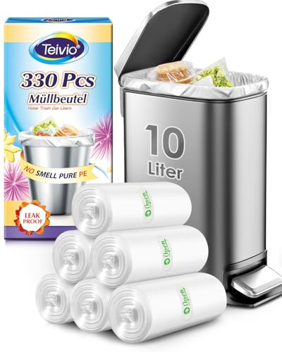 Teivio 10 Liter Small Bin Bags 330 Counts Pedal Bin Liners Thick Plastic Waste Bags for Bathroom, Kitchen, Office, Fit 7.5-10L Rubbish Bin, Clear
