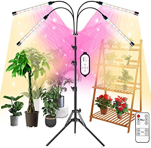 TriLine LED Grow Light Full Spectrum for Indoor Plants, Grow Lamp with Adjustable Tripod&Remote for Seeds Seedlings Succulents Vegetables, 10 Dimmable Brightness, 4/8/12H Timer, 3 Switch Modes