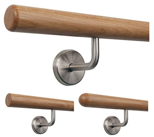 TIBU Pasamanos de madera de roble de 35 mm de diámetro, barandilla para escaleras 0,3 m – 5 m, longitud 180 cm y extremos de radio fresados