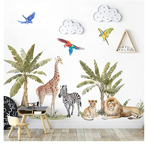 Grandora Dschungeltiere Wandsticker Safari Zebra Giraffe Löwe Wandtattoo für Kinderzimmer Wandaufkleber Tropische Bäume Babyzimmer Deko DL842-5
