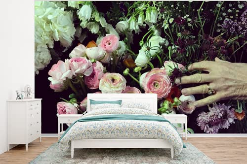 Selbstklebend Tapete Wandpapier Wandaufkleber Fototapete Tapeten Wanddeko 400x300 cm Pastellfarbene Blumen auf schwarzem Hintergrund