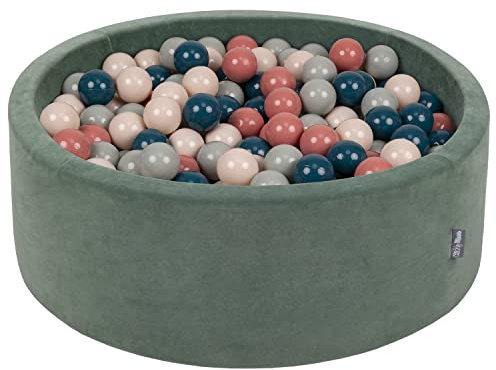 KiddyMoon Rund Bällebad Velvet Bällepool 90X30cm/200 Bälle ∅ 7Cm Ballgruben Für Babys Spielbad Kleinkinder, Hergestellt In Der EU, Waldgrün: Dunkeltürkis/Pastellbeige/Grüngrau/Lachsfarben