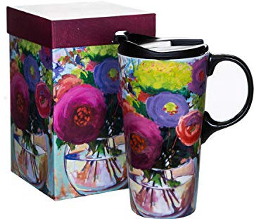 DUSVALLY Tasse à café en céramique avec couvercle et poignée, 500 ml. Fleurs colorées