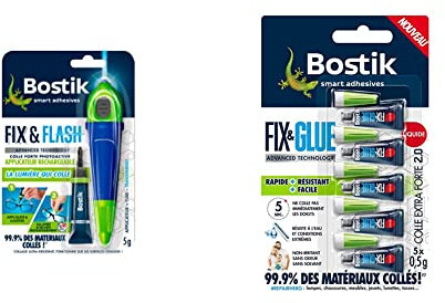 Bostik Kit Colle de Réparation Fix & Flash – Colle Forte Photoactive – 1 Applicateur et 1 Tube de 5 g & Colle de Réparation Fix & Glue Liquide – Colle Extra Forte 2.0 – 5 Tubes de 0,5 g
