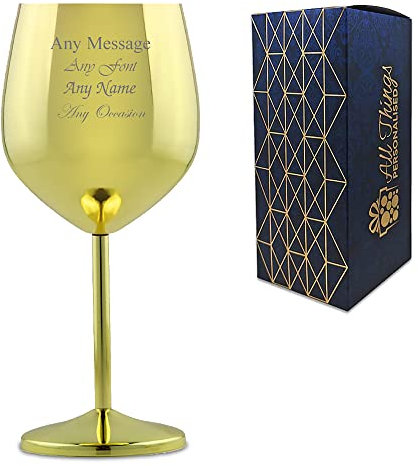Copa de vino de metal grabada personalizada, personalizable, con cualquier mensaje para cualquier ocasión, estiliza con una variedad de fuentes, caja de regalo incluida, grabado con láser