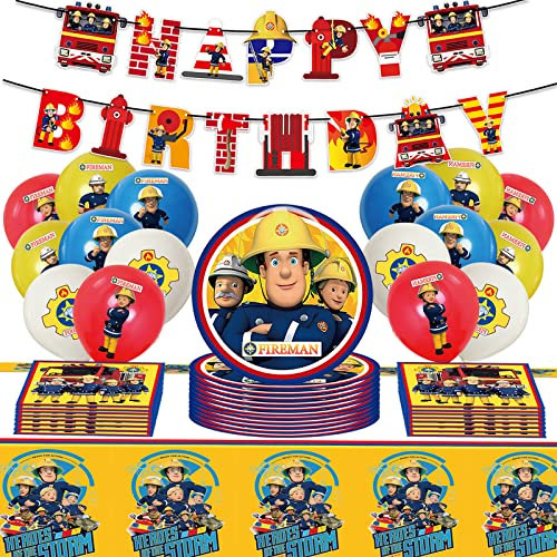 Newtic Anniversaire Sam Le Pompier 54Pcs Decoration Anniversaire Pompier Sam Pompier Assiette Serviettes Bannière Tasse Ballon Happy Birthday Pompier Nappe De Table pour Kit Pompier Enfant