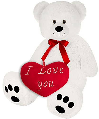 Monzana® Teddybär mit Herzkissen XL 100cm Weiß Weich Dichtes Fell Schleife Tatzen Ich Liebe Dich Geschenk Valentinstag Plüschbär Kuscheltier Bär