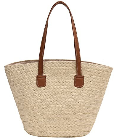 TIAASTAP Korbtasche Geflochten Weich Stroh Handtasche, Straw Bag Strohtaschen Damen Basttasche mit Reißverschluss, Einkaufstasche Geflochten mit Ledergriffe für Einkauf Strand Reise