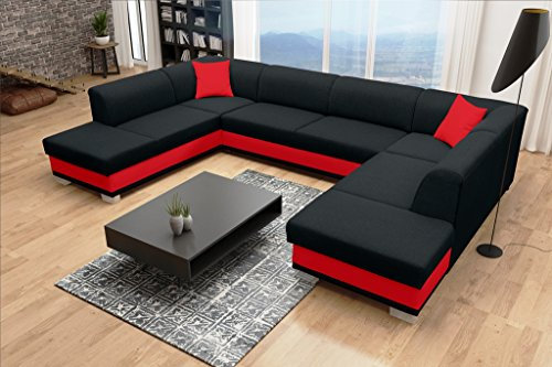 ALTDECOR Ecksofa in U-Form mit Schlaffunktion und Bettkasten, Polstercouch Wohnlandschaft rückenecht gepolstert, ideal als Gästebett - DRAKO -340x220x80 cm Grau Rot
