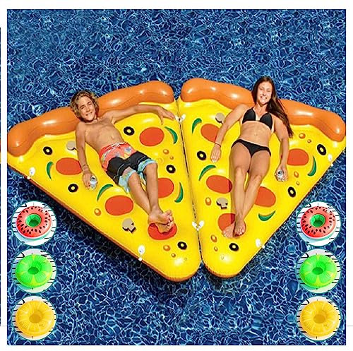 JUNZAI WasserhäNgematte Erwachsene, Pizza WasserhäNgematte, Mit 3/6 GeträNkehaltern Riesige Aufblasbare Pizza Pool Schwimmen FüR Kinder Und Erwachsene,2PCS