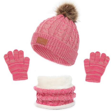 LINSOCLE 3 en 1 Bonnet Enfant Pour Fille Garcon, Ensemble Bonnet Echarpe Enfant, Tour de Cou avec Doublure, Hiver Accessoires Ensemble Set Pour 2 à 6 ans
