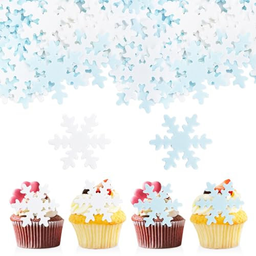 GoldRock 50 Stück Schneeflocken Esspapier - 2 Farben Snowflake Essbare Tortendeko für Frozen Kuchen, Muffin, Torte für Geburtstag, Hochzeit, Weihnachten