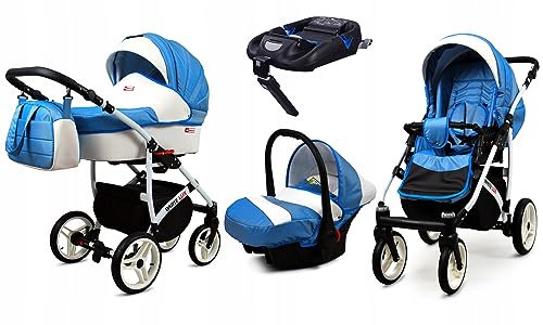 BabyLux® Kinderwagen Set 4 in 1 - White Lux - incl. Babywanne, Buggy Sportsitz, Auto-Babyschale, ISOFIX-Basisstation - Autositz - Kinderwagenset - Kombikinderwagen mit Wickeltasche usw.