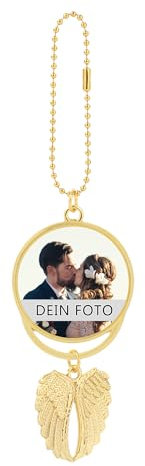 MilyaDE Autospiegel Anhänger mit eigenem Foto Engelsflügel Beideseitig Personalisiert Fotogravur Spiegelanhänger Weihnachten Ostern Deko, Gold