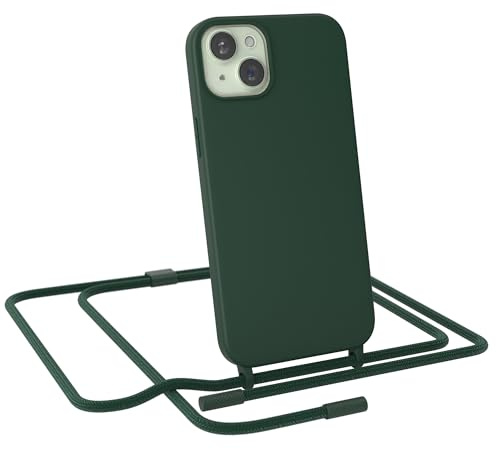 EAZY CASE - Handykette kompatibel mit iPhone 15 Plus - dünne Handyhülle Hülle mit Band als Fallschutz Kette zum Umhängen stoßeste Hülle Silikon mit Mikrofaser in Pinien Grün