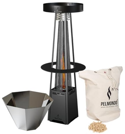Pelmondo® Tower Set Feuersäule – Elegante Outdoor Pellet-Heizsäule, Umweltfreundlich und mit Tischplatte - für alle Jahreszeiten - Made in Austria