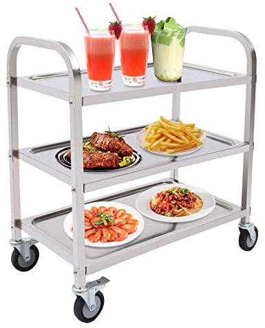 3 Böden Servierwagen mit Rollen, Edelstahl küchenwagen, Platzsparend Barwagen, Hohe Belastbarkeit Getränkewagen, Stabile Transportwagen, für Restaurant Küchen oder Hotel, 85x45x90cm