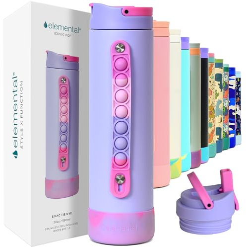 Elemental Iconic Pop Kids Water Bottles with Pop Strap - Triple Wall Leakproof Insulated Stainless Steel Water Bottle - Dishwasher Safe and BPA Free Water Bottle with Straw - Lilac Tie Dye - 591 ml