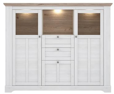 Forte ILOPPA Vitrine 165, Vitrine mit 3 Türen und 2 Schubladen, Vitrinenschrank im Landhausstil, Holzwerkstoff, Nelson Eiche/Schneeeiche Holzdekor, 165 cm breit x 136,1 cm hoch x 44,3 cm tief