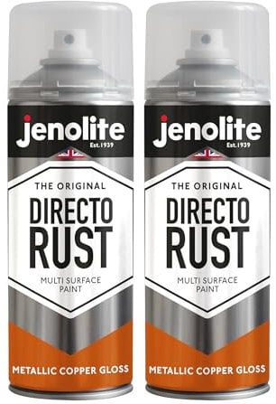 JENOLITE Directorust Metallic Gloss Spray Paint | COPPER | 2x400ml | Multi-Surface Copper Spray Paint for Metal, Wood, Plastic | All-In-OnePrimer, Undercoat and Topcoat | Interior & Exterior