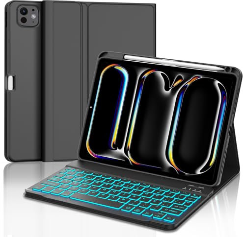 WAVATA Funda Teclado para iPad Pro 11'' M4 2024 - Teclado para iPad Pro 11'' A2836 A2837 A3006- Español Ñ Tecla Bluetooth Desmontable Retroiluminado- Negro