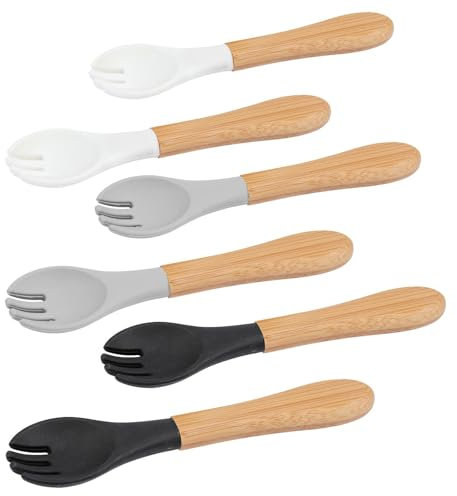 6pc Monochromes Fourchettes de Sevrage pour Bébé en Bambou avec Embout en Silicone Ensemble - Petit Enfants D'abord Auto-Alimentation Nourriture Coutellerie Ustensiles - Par Tiny Dining