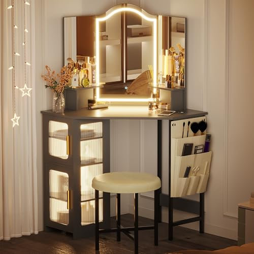 LVSOMT Schminktisch Eck mit Beleuchtung, Schminktisch mit Spiegel & Ladefunktion, Eckschminktisch Schlafzimmer mit Hocker, 3 Färben LED Kosmetikspiegel, 4 Schubladen, Moderner Frisiertisch Holz, Grau