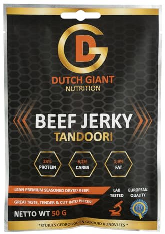 Dutch Giant Beef Jerky Tandoori | 10 x 50 gram | 500g Boeuf Séché pour les gens | Viande séchée | Biltong | Nourriture Américaine | Snack | Ration de survie | Haute teneur en protéines | Musclemeat