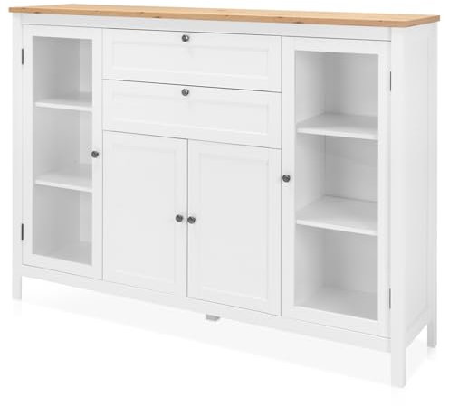 KHG Highboard 4-türig Landhaus, 2 Glastüren & 2 Schubladen, Vitrine aus Holzwerkstoff weiß foliert, Deckplatte Holzoptik Asteiche foliert, Silberne Metall-Griffe, 80 x 90 x 40 cm (B/H/T)