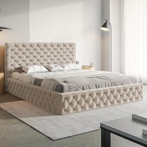 MOTIVENA Dalia Chesterfield Bett 120x200 Beige Samt, mit Stauraum, mit Kopfteil, mit Lattenrost, ohne Füße, mit Matratze H2/H3, Chesterfield Polsterbett 120x200 mit Bettkasten Beige (Creme)