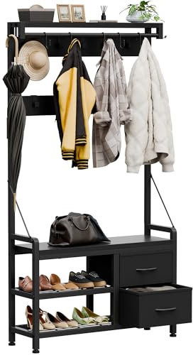 Buluri Coat Stand, 5 In 1 Design Coat and Shoe Rack with 17 Hooks & 2 Fabric Drawers, Metal Frame, Freestanding Hall Tree for Hallway, Entryway, Living Room, Bedroom (Black)