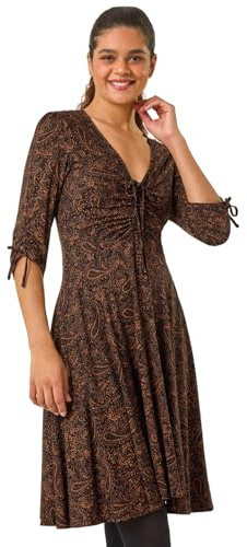 Roman Fit & Flare Skater Dress for Women UK - Ladies Tea Stretch Swing Ruched Jersey Casual Summer Occasion Evening Cocktail Party Holiday V-Necked Knee Length - Amber - Size 18