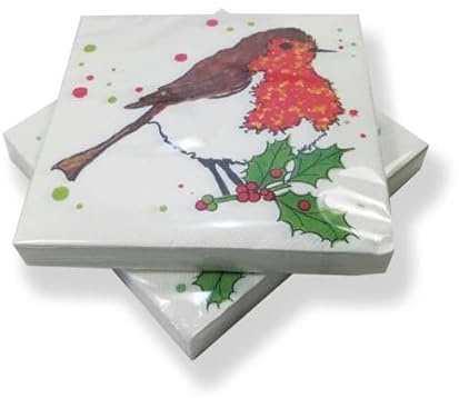 Pack of 20 Robin Red Breast and Holly Branch Paper Napkins