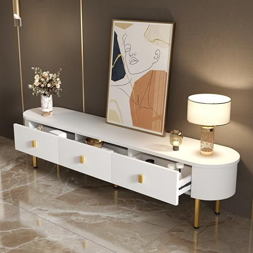 Zepneiy Mobile TV Bianco, Mobile TV con cassetti, maniglie e gambe dorate, angoli curvi, 174×35×41cm